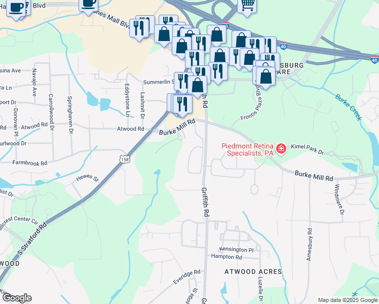 map of restaurants, bars, coffee shops, grocery stores, and more near 2152 Burke Meadows Road in Winston-Salem