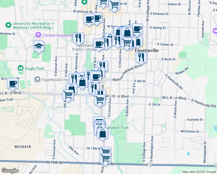 map of restaurants, bars, coffee shops, grocery stores, and more near 524 South School Avenue in Fayetteville