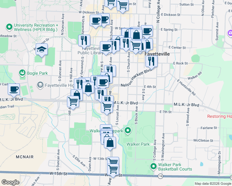 map of restaurants, bars, coffee shops, grocery stores, and more near 524 South School Avenue in Fayetteville