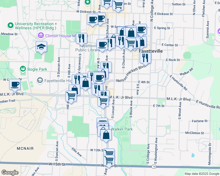 map of restaurants, bars, coffee shops, grocery stores, and more near 524 South School Avenue in Fayetteville