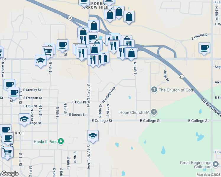 map of restaurants, bars, coffee shops, grocery stores, and more near 513 North Village Avenue in Broken Arrow