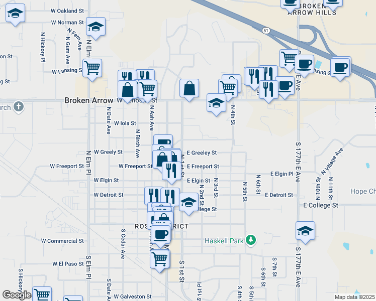 map of restaurants, bars, coffee shops, grocery stores, and more near 225 East Greeley Street in Broken Arrow
