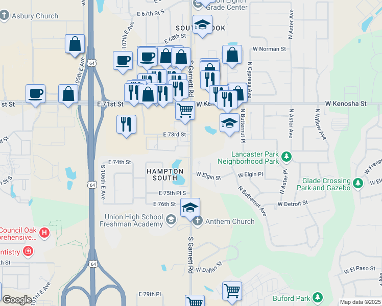 map of restaurants, bars, coffee shops, grocery stores, and more near 7350 South Garnett Road in Broken Arrow