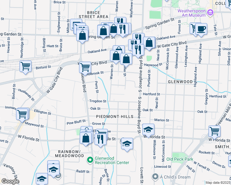 map of restaurants, bars, coffee shops, grocery stores, and more near 1718 Hertford Street in Greensboro