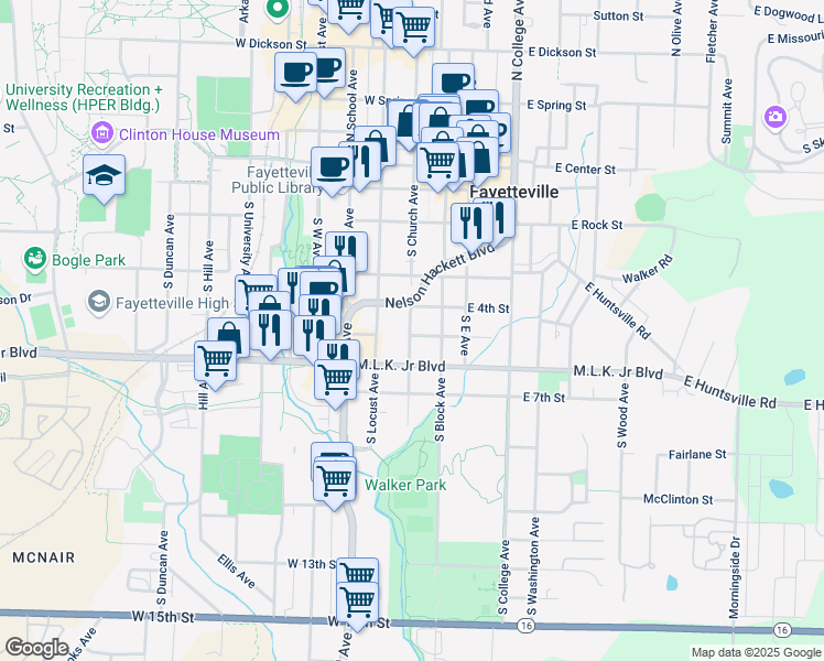map of restaurants, bars, coffee shops, grocery stores, and more near 180 West 5th Street in Fayetteville