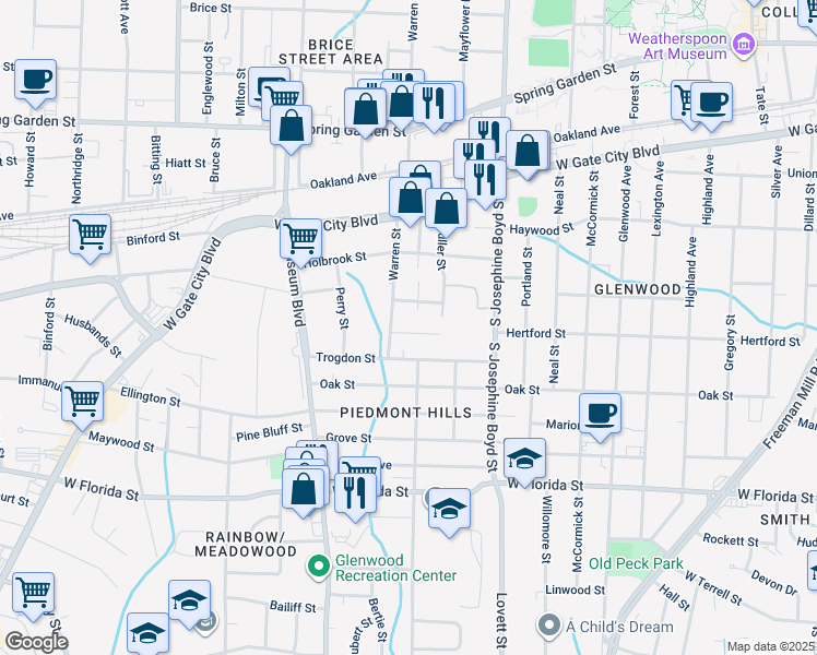 map of restaurants, bars, coffee shops, grocery stores, and more near 1718 Hertford Street in Greensboro