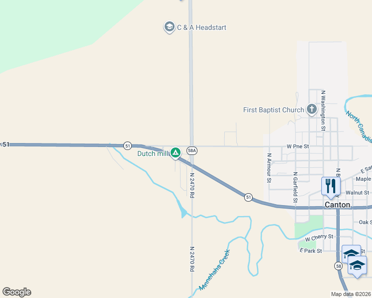 map of restaurants, bars, coffee shops, grocery stores, and more near 246971 East 660 Road in Canton