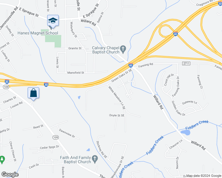 map of restaurants, bars, coffee shops, grocery stores, and more near 2809 White Meadow Lane Southeast in Winston-Salem