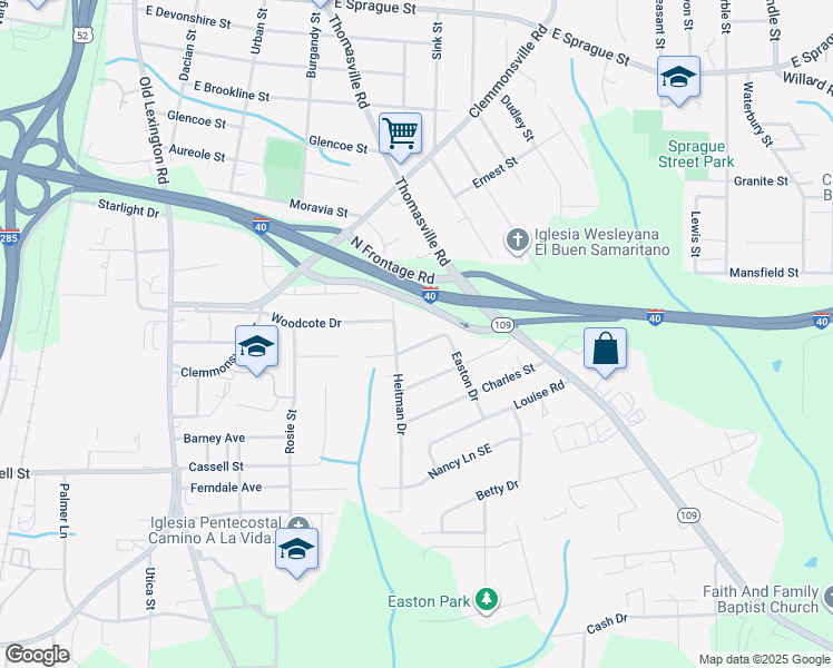 map of restaurants, bars, coffee shops, grocery stores, and more near 1025 Swaim Woods Lane in Winston-Salem