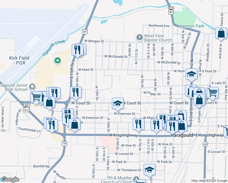 map of restaurants, bars, coffee shops, grocery stores, and more near 104 Winston Place in Paragould