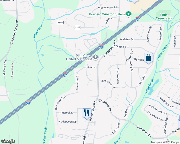 map of restaurants, bars, coffee shops, grocery stores, and more near 321 Cheltenham Drive in Winston-Salem