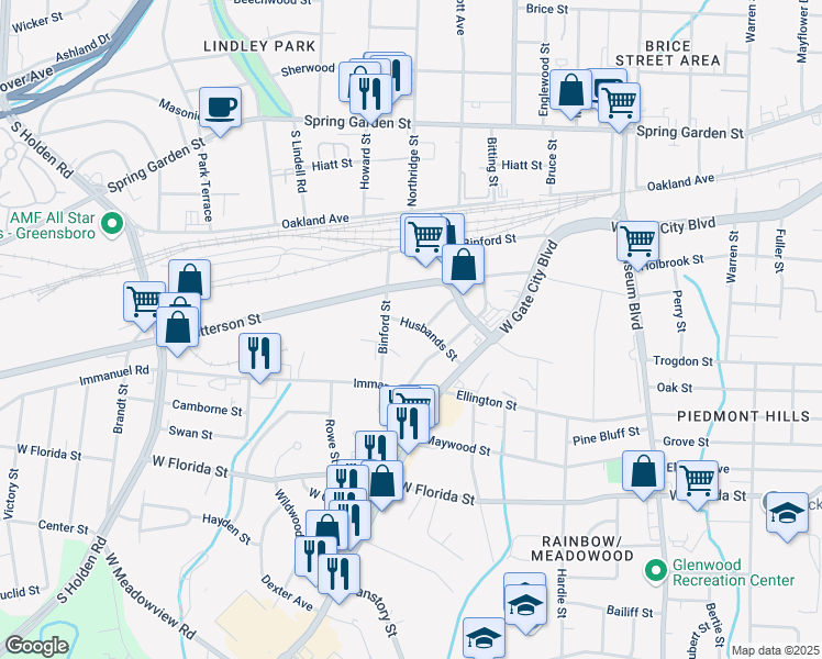 map of restaurants, bars, coffee shops, grocery stores, and more near 2605 Husbands Street in Greensboro