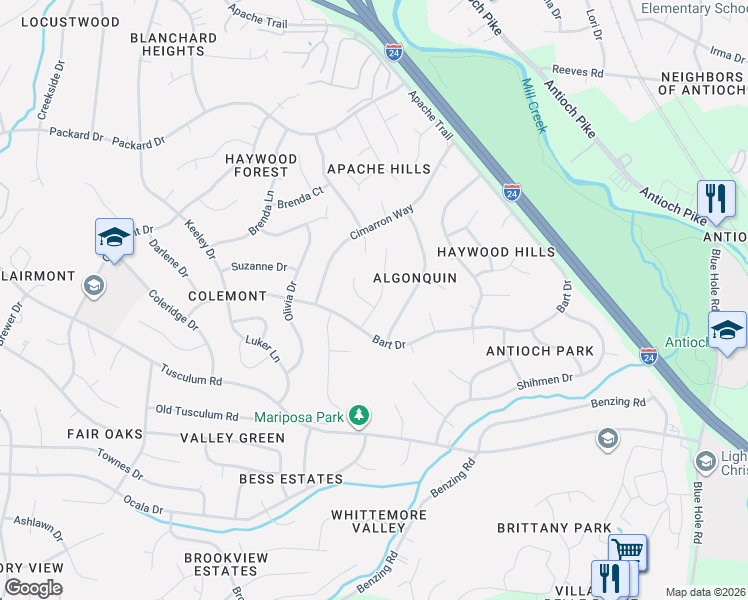 map of restaurants, bars, coffee shops, grocery stores, and more near 4989 Algonquin Trail in Nashville