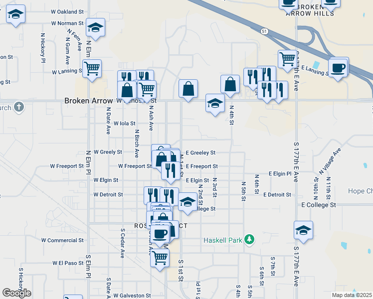 map of restaurants, bars, coffee shops, grocery stores, and more near 225 East Greeley Street in Broken Arrow