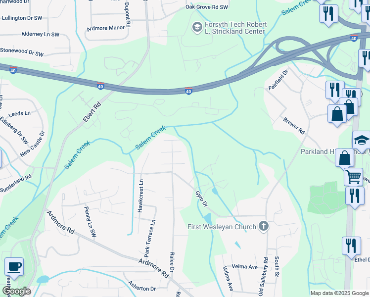 map of restaurants, bars, coffee shops, grocery stores, and more near 1816 Alyssum Place in Winston-Salem