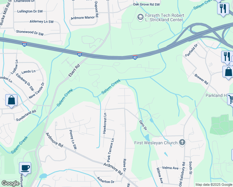 map of restaurants, bars, coffee shops, grocery stores, and more near 1906 Alyssum Place in Winston-Salem