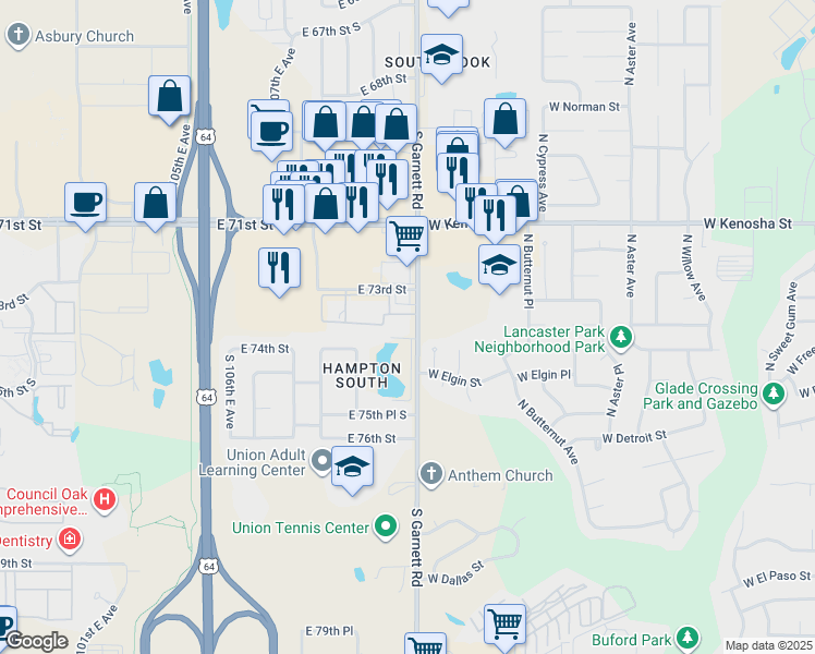 map of restaurants, bars, coffee shops, grocery stores, and more near 7350 South Garnett Road in Broken Arrow