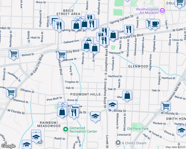 map of restaurants, bars, coffee shops, grocery stores, and more near 1700 Hertford Street in Greensboro
