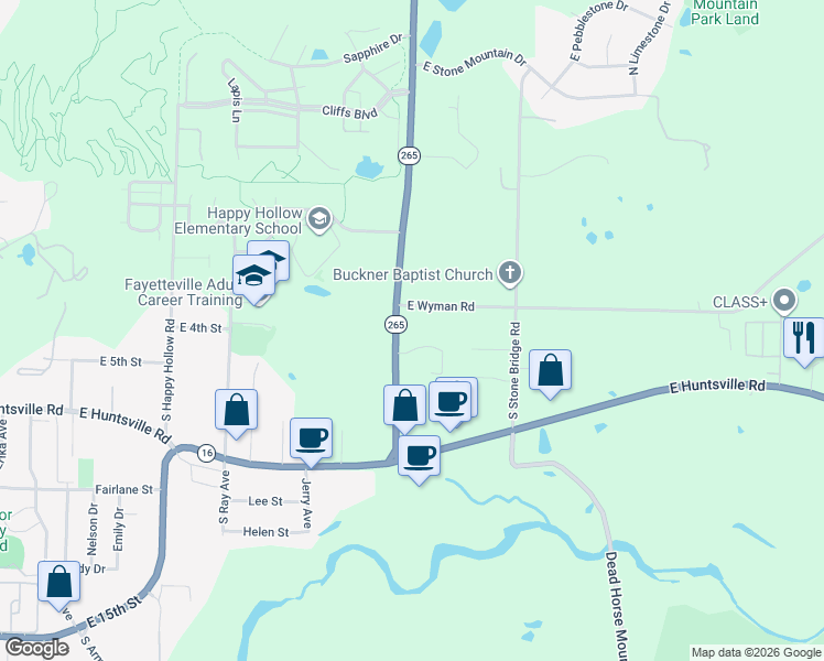 map of restaurants, bars, coffee shops, grocery stores, and more near 2524 East Turtle Creek Drive in Fayetteville