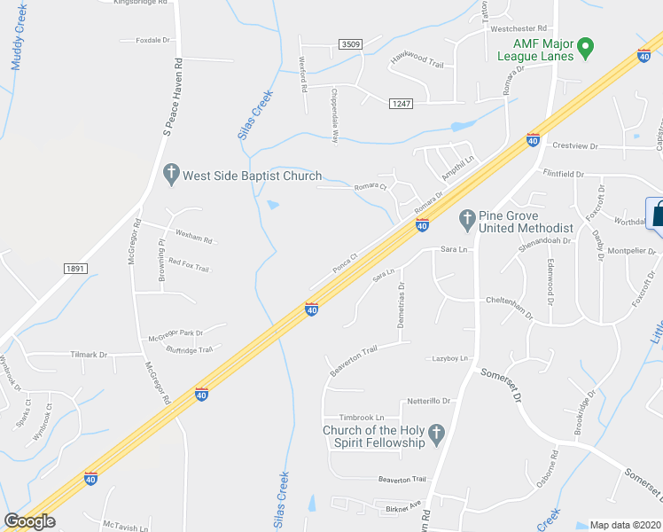map of restaurants, bars, coffee shops, grocery stores, and more near 5001 Romara Drive in Winston-Salem