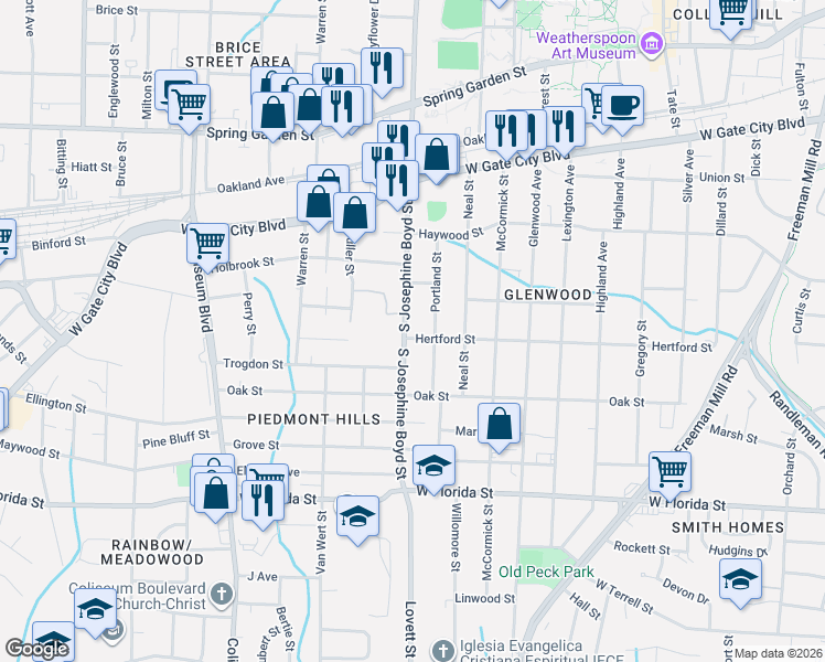 map of restaurants, bars, coffee shops, grocery stores, and more near 1100 Portland Street in Greensboro