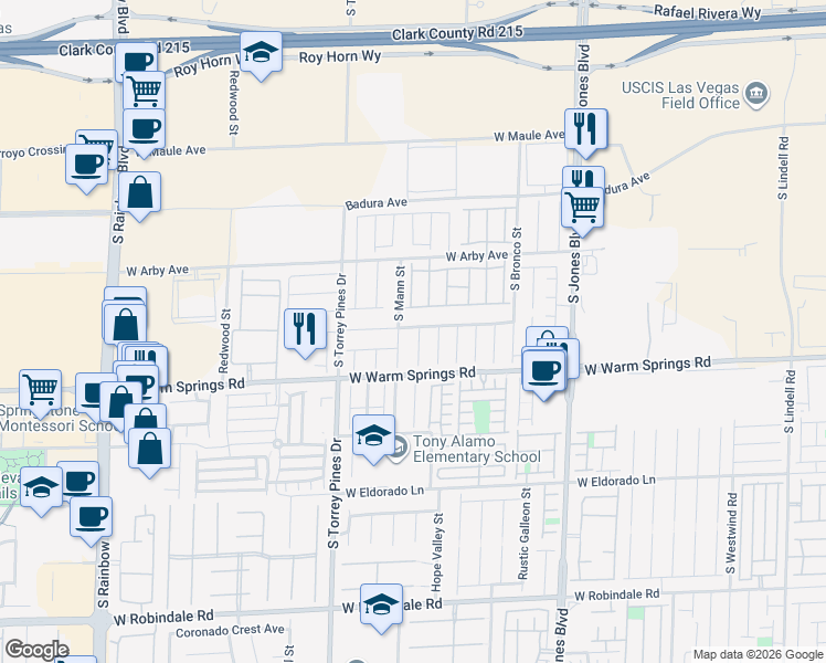 map of restaurants, bars, coffee shops, grocery stores, and more near 7221 Atascadero Creek Court in Las Vegas