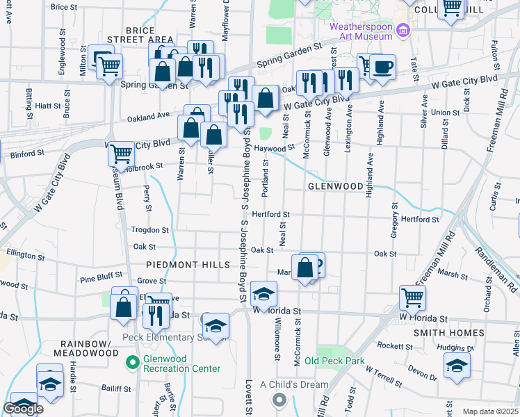 map of restaurants, bars, coffee shops, grocery stores, and more near 1020 Portland Street in Greensboro