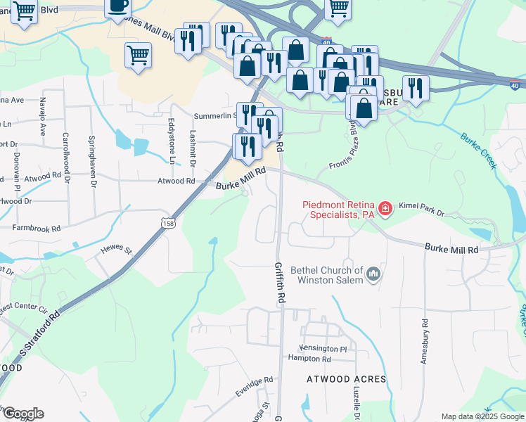 map of restaurants, bars, coffee shops, grocery stores, and more near 2152 Burke Meadows Road in Winston-Salem