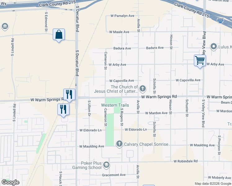 map of restaurants, bars, coffee shops, grocery stores, and more near 7286 Cameron Street in Las Vegas