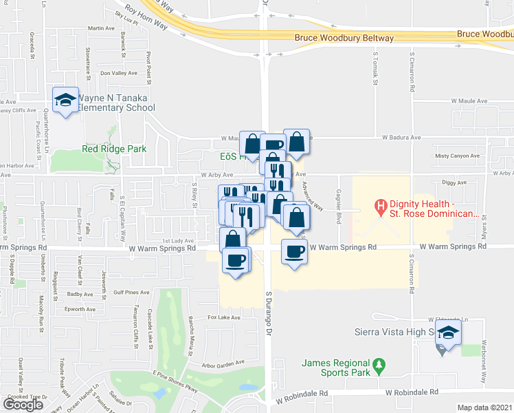 map of restaurants, bars, coffee shops, grocery stores, and more near 7215 South Durango Drive in Las Vegas