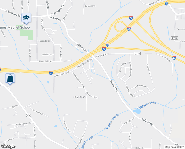 map of restaurants, bars, coffee shops, grocery stores, and more near 1502 Oakshire Court in Winston-Salem