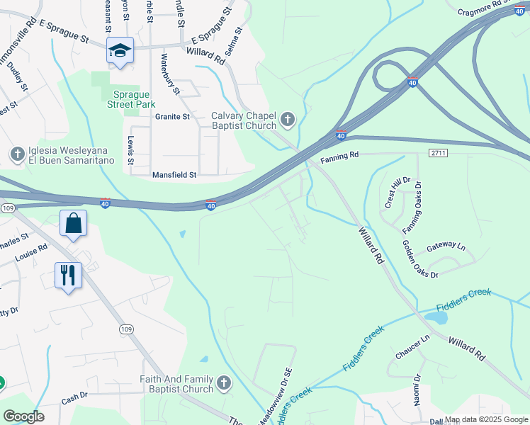 map of restaurants, bars, coffee shops, grocery stores, and more near 2813 White Meadow Lane Southeast in Winston-Salem