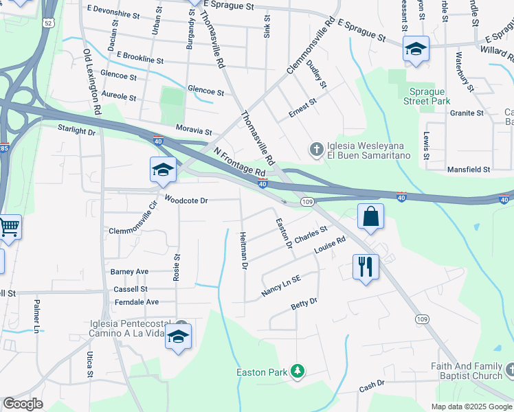 map of restaurants, bars, coffee shops, grocery stores, and more near 1035 Swaim Woods Lane in Winston-Salem