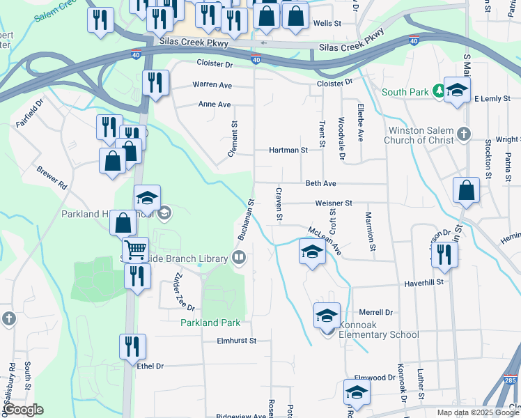 map of restaurants, bars, coffee shops, grocery stores, and more near 717 McLean Avenue in Winston-Salem