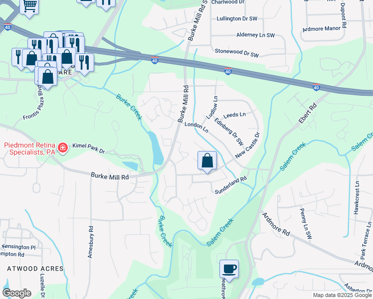 map of restaurants, bars, coffee shops, grocery stores, and more near 3147 Burke Mill Court in Winston-Salem