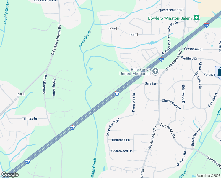 map of restaurants, bars, coffee shops, grocery stores, and more near 5001 Romara Drive in Winston-Salem