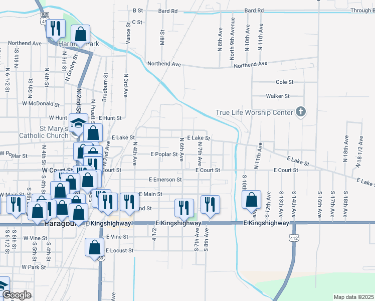 map of restaurants, bars, coffee shops, grocery stores, and more near 604 East Poplar Street in Paragould