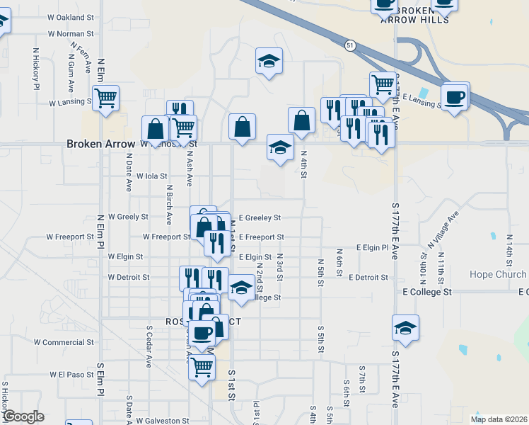 map of restaurants, bars, coffee shops, grocery stores, and more near 315 East Greeley Street in Broken Arrow
