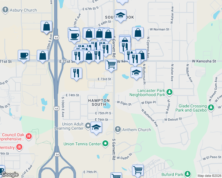 map of restaurants, bars, coffee shops, grocery stores, and more near 7350 South Garnett Road in Broken Arrow