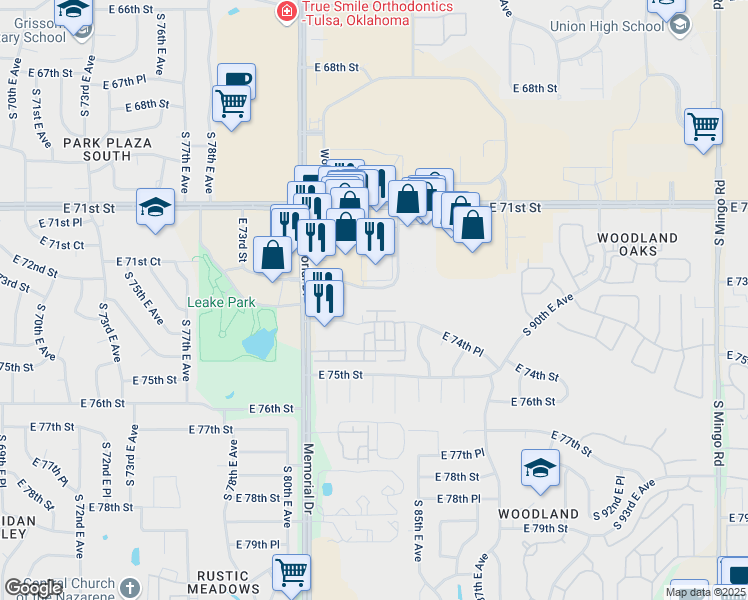 map of restaurants, bars, coffee shops, grocery stores, and more near 8401 East 74th Place in Tulsa