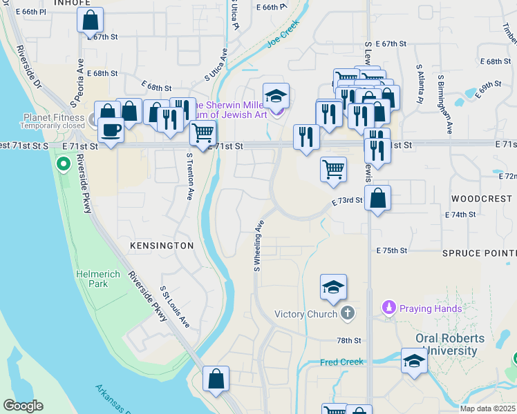 map of restaurants, bars, coffee shops, grocery stores, and more near 7324 South Wheeling Avenue in Tulsa