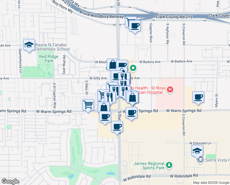 map of restaurants, bars, coffee shops, grocery stores, and more near 7189 South Durango Drive in Las Vegas