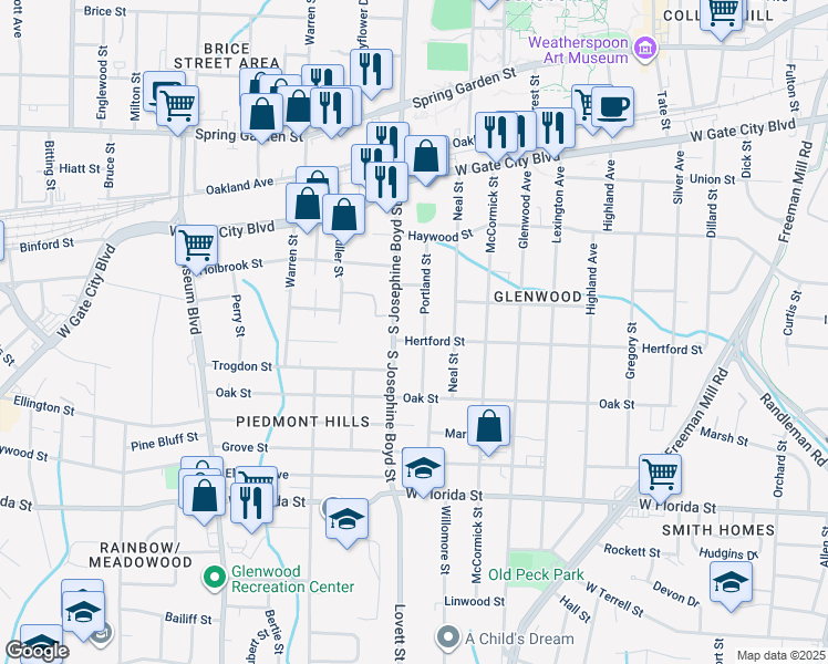 map of restaurants, bars, coffee shops, grocery stores, and more near 1020 Portland Street in Greensboro