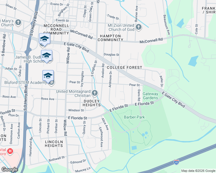 map of restaurants, bars, coffee shops, grocery stores, and more near 2420 Pear Street in Greensboro