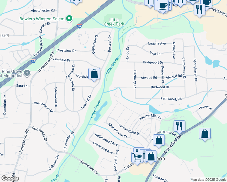 map of restaurants, bars, coffee shops, grocery stores, and more near 2960 Burlwood Drive in Winston-Salem