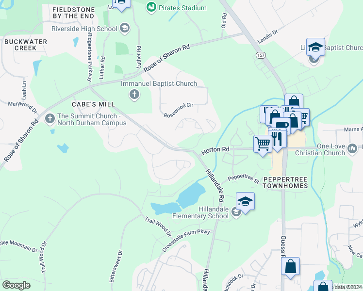 map of restaurants, bars, coffee shops, grocery stores, and more near 3126 Hillandale Road in Durham