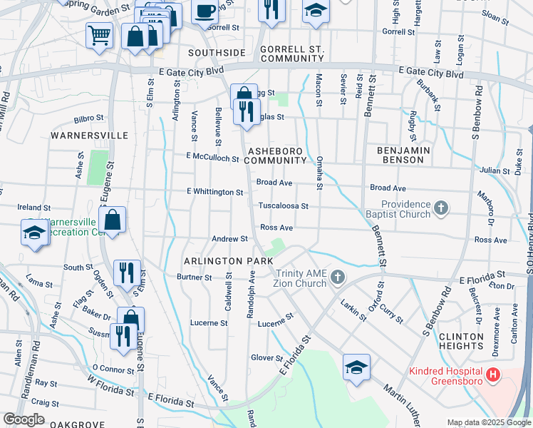map of restaurants, bars, coffee shops, grocery stores, and more near 1308 South Pearson Street in Greensboro