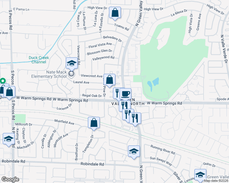 map of restaurants, bars, coffee shops, grocery stores, and more near 3201 La Mancha Way in Henderson