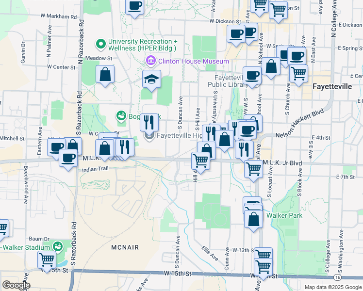 map of restaurants, bars, coffee shops, grocery stores, and more near 508 South Duncan Avenue in Fayetteville