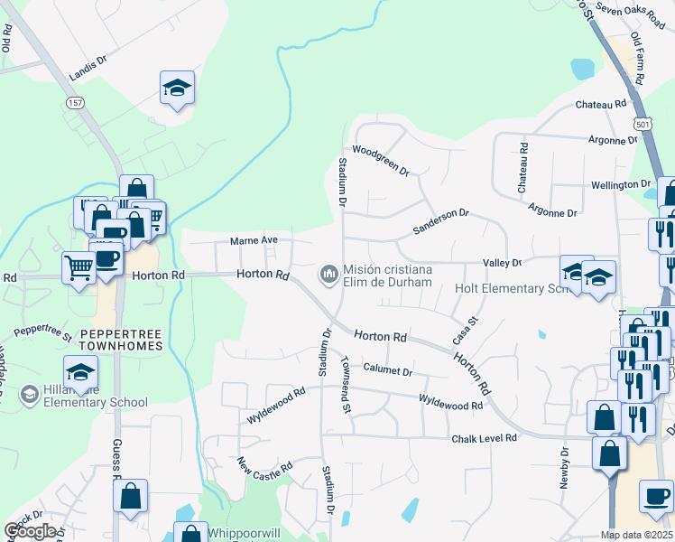 map of restaurants, bars, coffee shops, grocery stores, and more near 1210 Horton Road in Durham